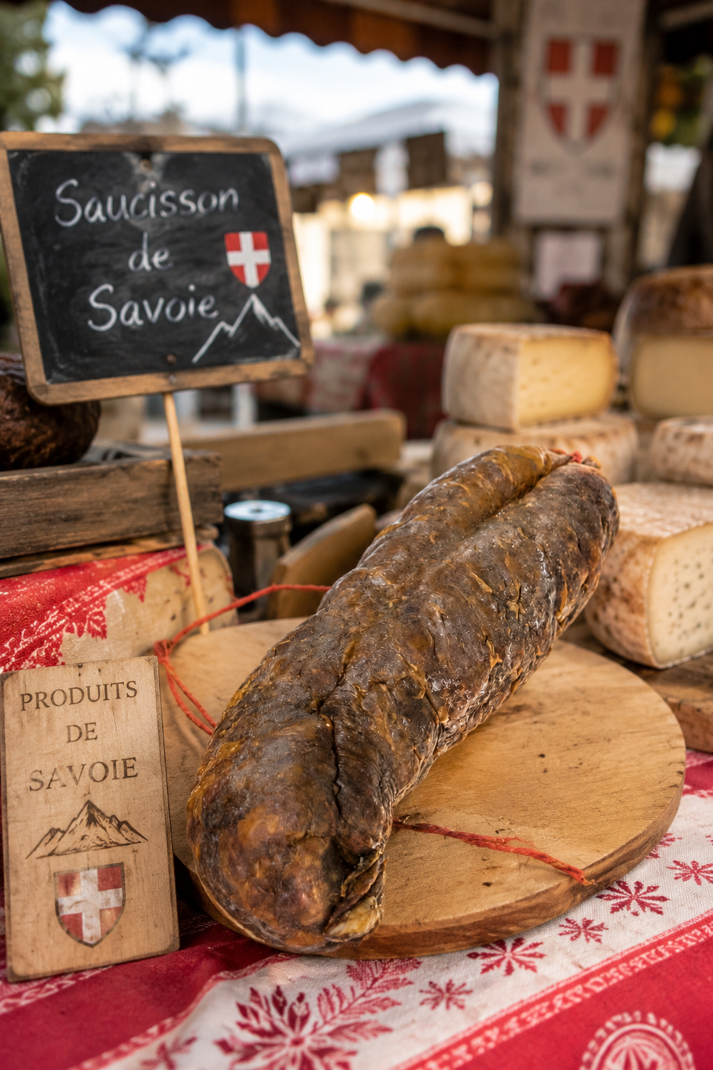 Étale de vente de saucissons avec trois panneaux : produits du terroir, le goût de l'authentique ; Saucisson de France, fabrication artisanale ; Saucisson de France, un savoir-faire artisanal et authentique, sélectionné avec passion dans nos régions, goûtez l'authenticité du terroir français.